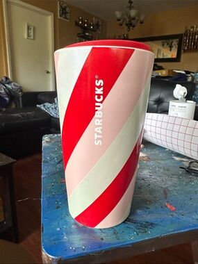 Starbucks Red, Pink & White Diagonal Stripe Travel Tumbler